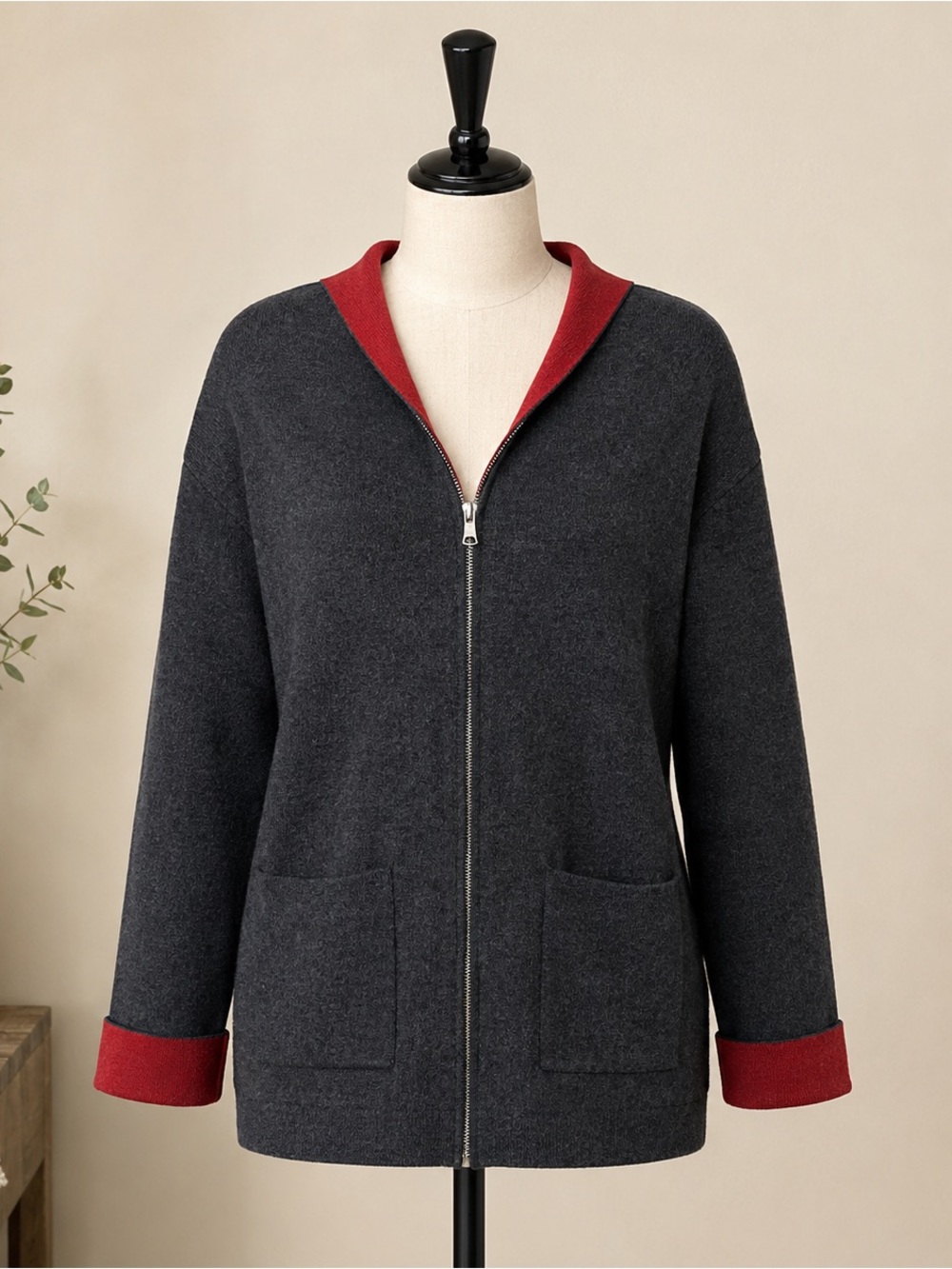 Jones New York Merino Wool Blend Hooded Zip Cardigan Pockets Cozy Fall Sz L